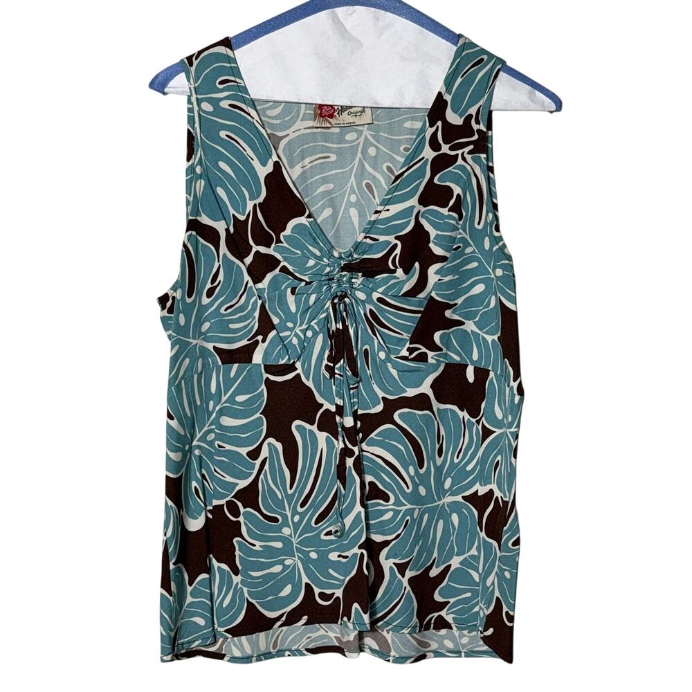 Hilo Hattie The Hawaiian Original Tank Top Blue Brown Monstera Leaf Sz‎ L